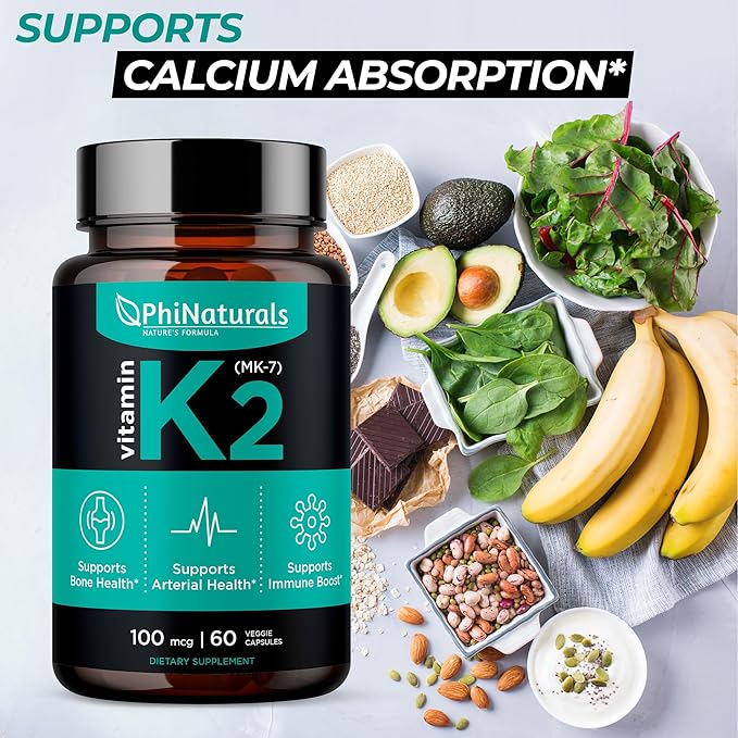 PhiNaturals Vitamin K2 Mk7 100 mcg Vegan 60 Capsules Bone Health Heart Cardiovascular Arteries - VIT k-2 MK-7 100mcg Supplement from Natto