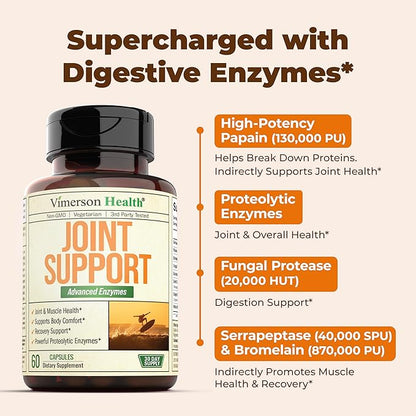 Joint Support Supplement with Bromelain, Serrapeptase & Papaya Enzymes - Proteolytic Enzymes for Digestion & Recovery - Digestive Enzyme & Joint Complex for Men & Women - 60 Delayed Release Capsules