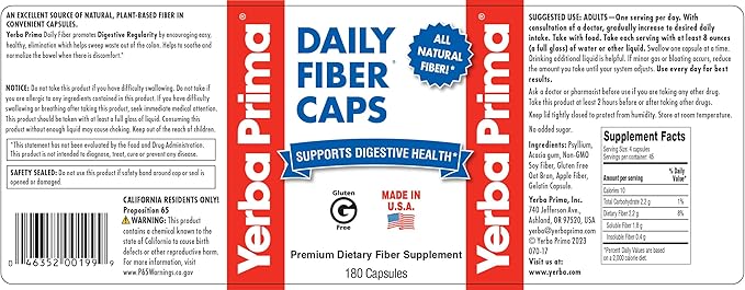 Yerba Prima Daily Fiber Caps - 180 Capsules - Soluble & Insoluble Dietary Fiber Supplement - Colon Cleanse - Gut Health - Vegan, Non-GMO, Gluten-Free