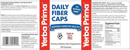 Yerba Prima Daily Fiber Caps - 180 Capsules - Soluble & Insoluble Dietary Fiber Supplement - Colon Cleanse - Gut Health - Vegan, Non-GMO, Gluten-Free