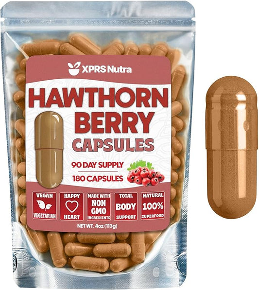 XPRS Nutra Hawthorn Berry Capsules - 180 Count (90 Day Supply) of Premium USDA Hawthorne Berry Capsules for Cardiovascular Support - Vegan Friendly Hearth Health Supplement