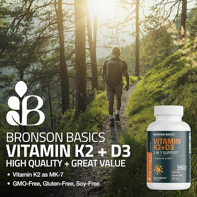 Bronson Vitamin K2 D3 (MK7) Supplement Non-GMO Formula Vitamin D3 5000IU (125 mcg) & 90 mcg K2 MK-7, Easy to Swallow D & K Complex, 360 Tablets