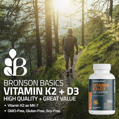 Bronson Vitamin K2 D3 (MK7) Supplement Non-GMO Formula Vitamin D3 5000IU (125 mcg) & 90 mcg K2 MK-7, Easy to Swallow D & K Complex, 360 Tablets