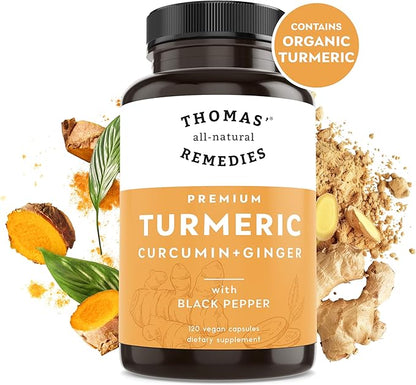 Thomas' all-natural Remedies Turmeric Curcumin and Ginger with Black Pepper, Organic Turmeric Joint Support Supplement- 95% Curcumin - NO fillers, Vegan - 120ct