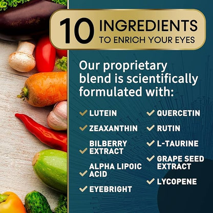 Eye Vitamins & Mineral Supplement - Contains Lutein, Zinc, Vitamins C, E & Zeaxanthin - Supports Eye Strain, Vision Macular Health & Dry Eyes for Seniors with Lycopene, Gluten Free - 60 Capsules