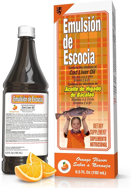 Cod Liver Oil, Orange Flavor, 6.5 fl oz (1 Pack) – Fish Oil with Vitamins A, D, E, B1, Omega-3 for Immune and Bone Health, Kids & Adults