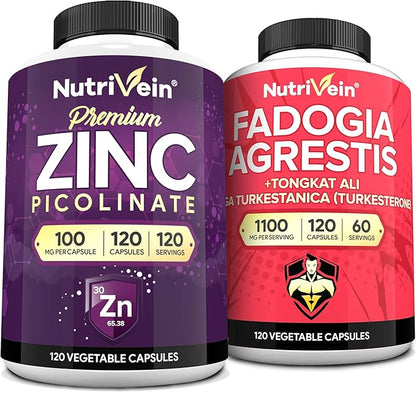 Nutrivein Premium Zinc Picolinate & Fadogia Agrestis and Tongkat Ali Supplement Bundle: Tongkat Ali Fadogia Agrestis & Zinc Picolinate Supplements for Fitness, Vitality, and Overall Wellness