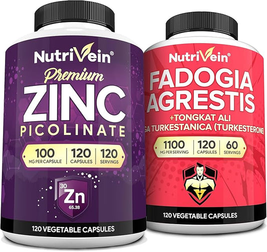 Nutrivein Premium Zinc Picolinate & Fadogia Agrestis and Tongkat Ali Supplement Bundle: Tongkat Ali Fadogia Agrestis & Zinc Picolinate Supplements for Fitness, Vitality, and Overall Wellness