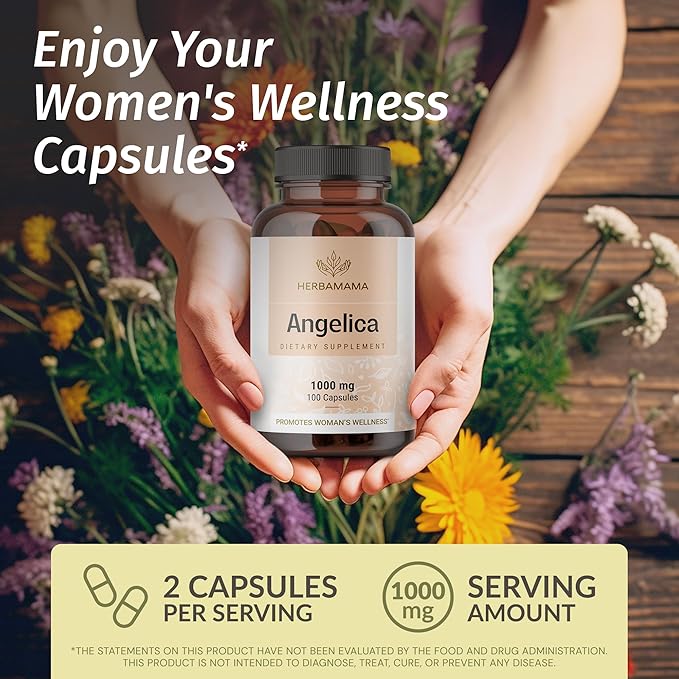 HERBAMAMA Dong Quai Supplement - 1000mg Angelica Root for Women's Support - Dong Quai Powder Capsules - Vegan, Non-GMO Angelica Herb Antioxidant Supplement for Women, 100 Caps