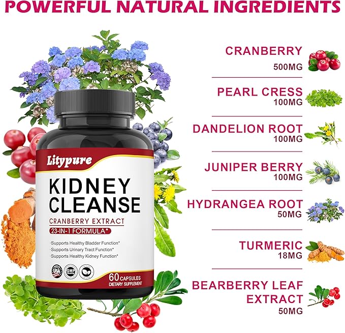 23-in-1 Kidney Cleanse Detox & Repair with 50:1 Cranberry Extract | Botanical Formula for Urinary Tract Wellness | 60 Capsules