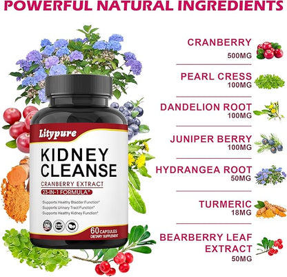 23-in-1 Kidney Cleanse Detox & Repair with 50:1 Cranberry Extract | Botanical Formula for Urinary Tract Wellness | 60 Capsules