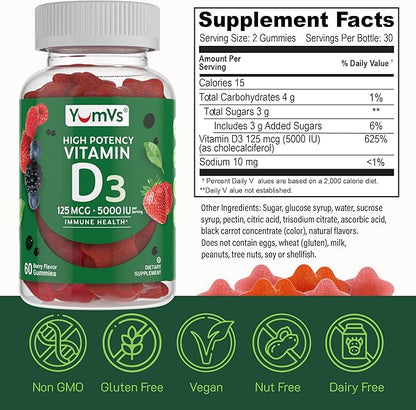 YUM-V'S Vitamin D3 Jellies, Vitamin D 5000 IU, Daily Dietary Supplement, Mixed Berry Flavor Chewable Jellies, Vegetarian, Gluten-Free and Kosher Halal - 60 Count