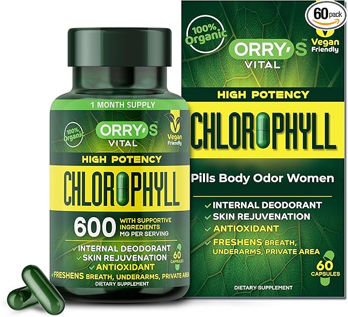 Orry's Vital Chlorophyll Capsules 600 mg - Natural Internal Deodorant to Detox Body Odor, Armpits & Private Parts - Body-Deodorizing Supplement: Supports Immunity and Digestion - 60 Chlorophyll Pills