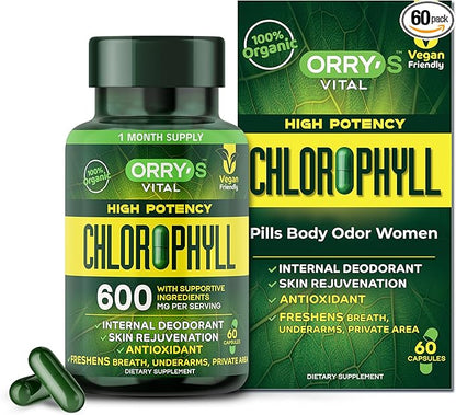 Orry's Vital Chlorophyll Capsules 600 mg - Natural Internal Deodorant to Detox Body Odor, Armpits & Private Parts - Body-Deodorizing Supplement: Supports Immunity and Digestion - 60 Chlorophyll Pills