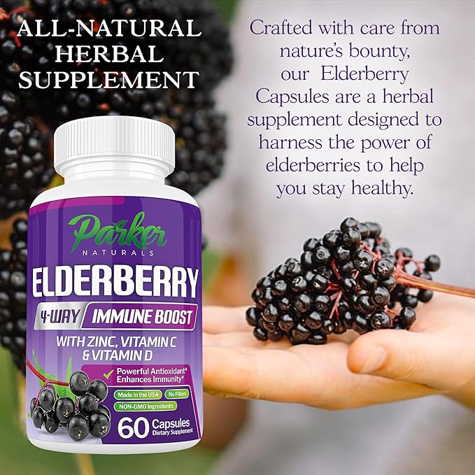 Organic Elderberry Capsules, 4-Way Immune Boost, Vitamins C, D, and Zinc Support, 1260.1 mg Elderberry Supplements for Adults, 60 Capsules
