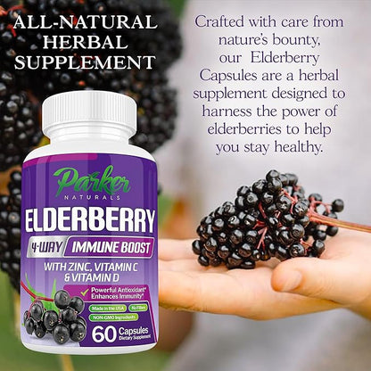 Organic Elderberry Capsules, 4-Way Immune Boost, Vitamins C, D, and Zinc Support, 1260.1 mg Elderberry Supplements for Adults, 60 Capsules