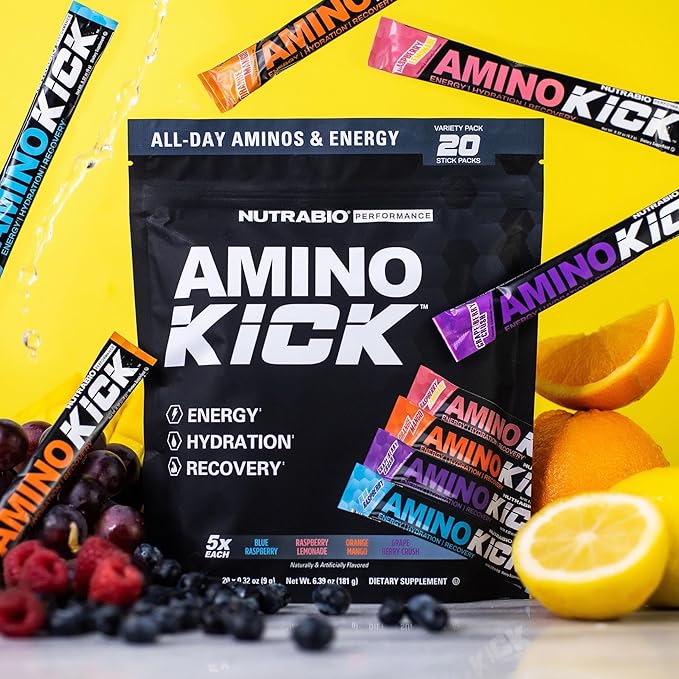 NutraBio – Amino Kick – All in One Performance Formula Energy, Hydration, Recovery 20 Servings, (Variety Pack) – 6g Amino Acids – Support Muscle Building
