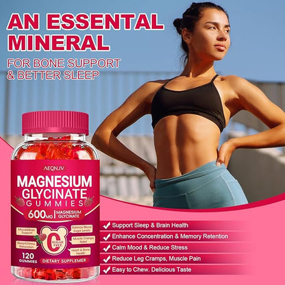 Magnesium Glycinate Gummies 600mg, Sugar Free Magnesium Gummies for Adults with L-Threonate, Chewable Potassium Supplements for Sleep, Body Support and Relaxation, 2 Pack