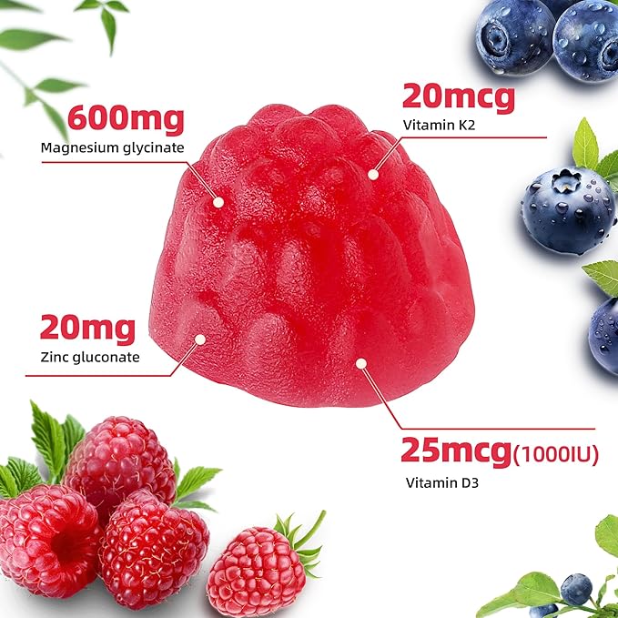 Magnesium Glycinate Gummies 600MG w/Zinc - 90 Ct | Sugar Free High Absorption Zinc Magnesium Glycinate Supplement w/Vitamin D3 & K2, Supports Bone Health, Nerve & Immune Function