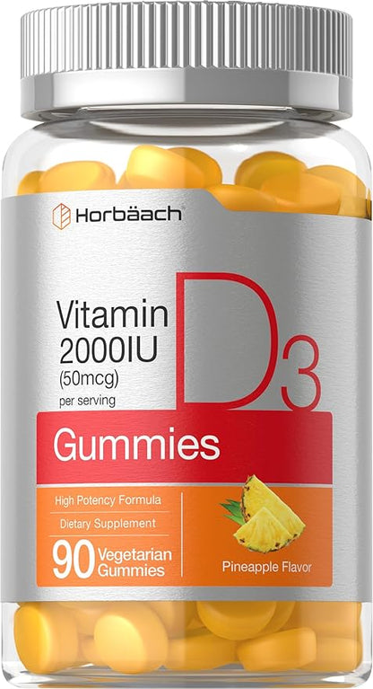 Horbäach Vitamin D3 2000iu Gummies | 90 Count | Vegetarian | Pineapple Flavor | 50 mcg | Non-GMO, Gluten Free Vitamin D Supplement