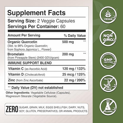 Gade Nutrition Organic Quercetin with Bromelain Vitamin C and Zinc | Immune Support Supplement Quercetin 500mg Capsules | Bioflavonoids Made in USA Third Party Tested