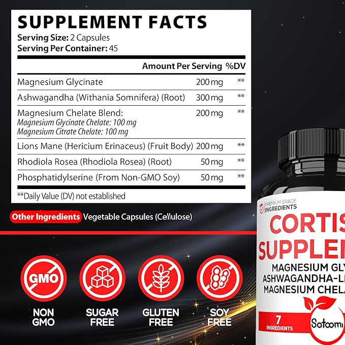 Satoomi 7in1 Cortisol Supplement - Magnesium Glycinate with Ashwagandha, Magnesium Glycinate and Citrate - Mood & Rest Well & Resilience - 90 Capsules for 45 Days