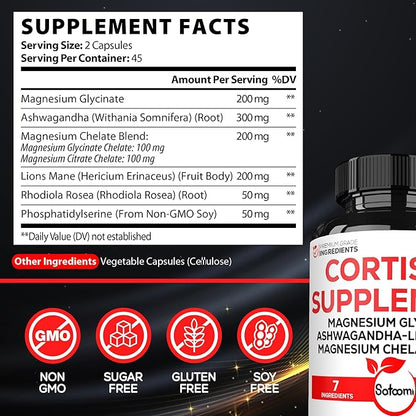 Satoomi 7in1 Cortisol Supplement - Magnesium Glycinate with Ashwagandha, Magnesium Glycinate and Citrate - Mood & Rest Well & Resilience - 90 Capsules for 45 Days