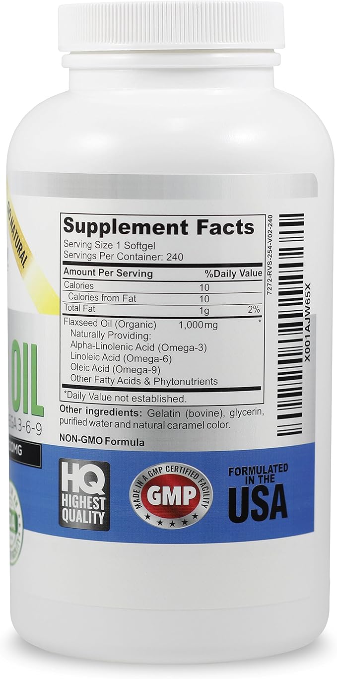 Upsize Best Organic Flaxseed Oil Softgels - 1000mg Premium, Virgin Cold Pressed from Flax Seeds - Hair Skin & Nails Support - Omega 3-6-9 Supplement - 240 Count - More Than 8 Month Supply!