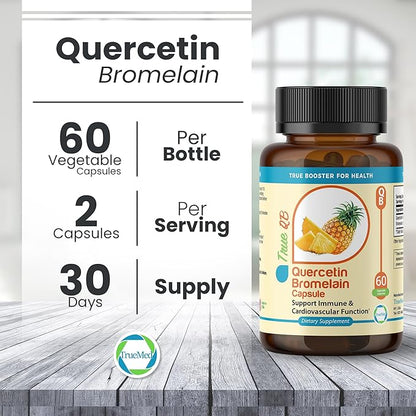 Quercetin Bromelain Supplement Supports Immune Function, Cardiovascular Health & Antioxidant Protection 800mg Quercetin 165mg Bromelain, 60 Veg Capsules, Supports Healthy Inflammation Response