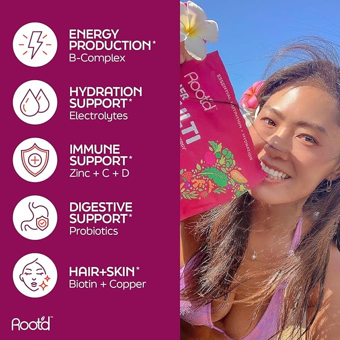 Root'd Multivitamin Powder with 3X Electrolytes for Women - 25 Vitamins & Minerals, 3X Electrolytes, 9 Organic Superfoods, Probiotics & Enzymes, Sugar-Free Multivitamin & Hydration | 24 Packets