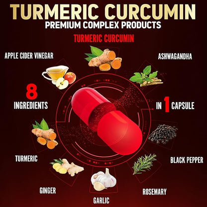 7 in 1 Turmeric Curcumin + Apple Cider Vinegar Capsules, 3 Month Supply with Ashwagandha, Ginger, Garlic Bulb, 95% Standardized Curcuminoids, Joint & Absorption Support