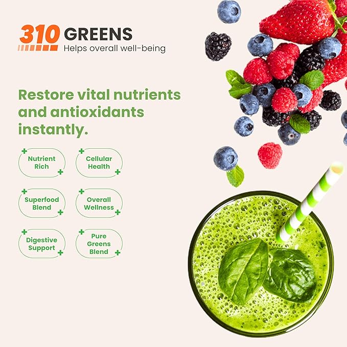 310 Nutrition Organic Superfood Greens Powder – Super Green Powder Supplement with Daily Greens Spirulina, Vegetable Enzymes & Antioxidants – Immunity Boost – Mixed Berry, 30 Servings