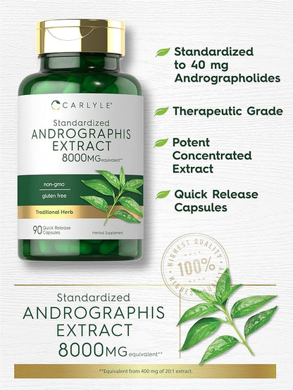 Carlyle Andrographis Paniculata Capsules | 8000mg | 90 Pills | Herb Extract Supplement | Non-GMO and Gluten Free