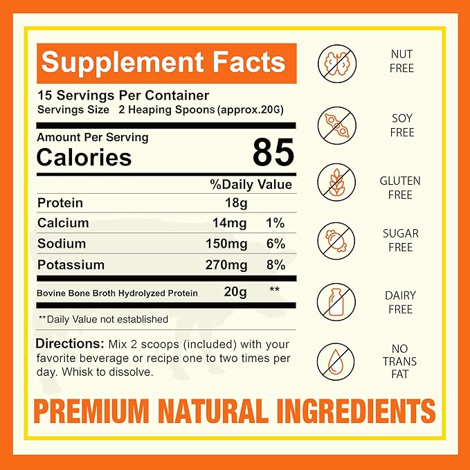 Zammex 100% Grass-Fed Beef Bone Broth Protein Powder, 20G Protein, Hydrolyzed Collagen Peptides Type 1&3, Supports Healthy Skin, Nails, Hair, Joints, Non-GMO, Gluten Free, Paleo & Keto Friendly