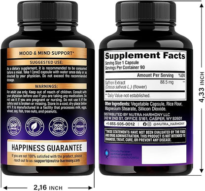 Natural Saffron Supplements - Pure Saffron Extract 88.5 mg - Made in USA - Mood | Focus | Vision | Energy Support - Eye Health for Women & Men - NonGMO Vegan Pills - 90 Powder Capsules, 3 Month Supply