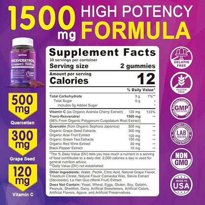 Resveratrol Gummies 1500mg - Sugar Free Resveratrol Supplement with Quercetin, Grape Seed, Acai Berries Extracts Support Antioxidant, Healthy Aging & Longevity, Skin, Brain Wellness - 1Pack