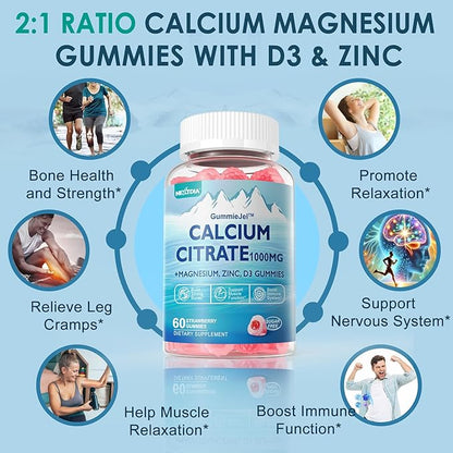 Calcium Citrate Gummies 1000mg, Easily Absorbed Calcium with Magnesium 500mg, Zinc, D3, B6 & Potassium, Chewable Calcium Supplement for Women & Men, Bone & Teeth, Muscle & Immune Support, Vegan 60Cts