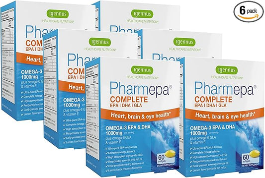Igennus Pharmepa Complete EPA 668mg & DHA 334mg Omega-3 Fatty Acids 1000mg, rTG Form, High Potency Fish Oil Plus Omega-6 & 9 from GLA Evening Primrose Oil, IFOS Certified, Lemon Flavor, 360 Softgels