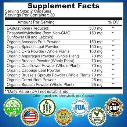 Liposomal Glutathione 500mg - Active Form L Glutathione (Reduced) for Maximum Absorption - Made with Organic Whole Foods - Master Antioxidant & Detoxifier - Immune & Cardiovascular Support - 60 count