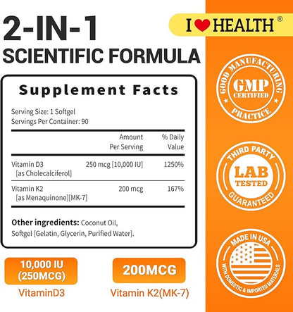 I LOVE HEALTH® Triple Strength Vitamin D3 10,000 IU with K2 (MK-7) Supplement - 90 Softgels - Non-GMO - Gluten-Free - Support Heart & Immune, Bone & Teeth Health - Enhanced Absorption - Made in USA