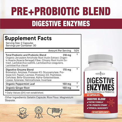 NEW AGE Digestive Enzymes for Gut Health - Probiotic Multi Enzymes with Prebiotics and Probiotics with Lipase for Women and Men for Digestive Health, Daily Enzymes for Digestion - 180 Count