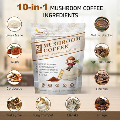 Mushroom Coffee Powder Organic (60 Servings) Instant Coffee Natural Ingredients - Lion's Mane, Cordyceps, Reishi, Chaga Mushrooms Powder Supplement Better Focus and Immunity, Gut Digestion