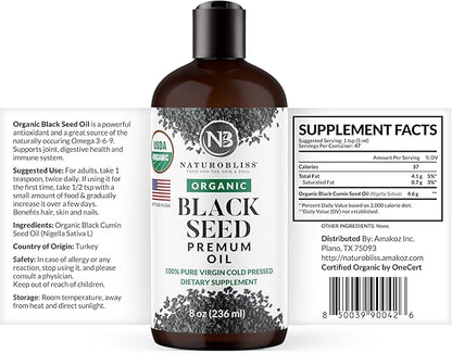 NaturoBliss Organic Black Seed Oil 100 Virgin Cold Pressed Omega 3 6 9 Super Antioxidant for Immune Support, Joints, Mobility, Digestion, Hair Skin Vegan, Gluten-Free, Non-GMO USDA Certified 8oz