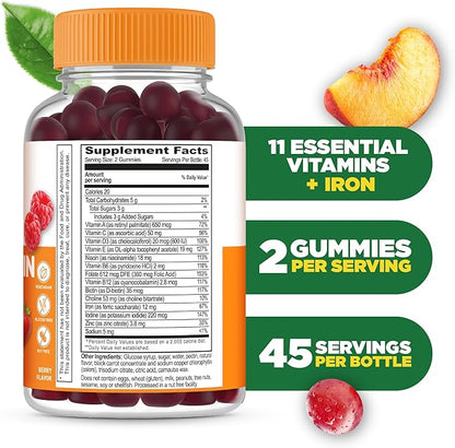 Lifeable Multivitamin with Iron for Adult | 13 Essential Vitamins and Minerals for Men and Women | Great Tasting Naturally Sourced Berry Flavor | Vegetarian Non-GMO | 90 Gummies