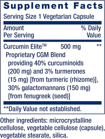 Life Extension Curcumin Elite™ Turmeric Extract, 500 mg, curcuminoids, turmerones, Fenugreek, Inflammation Health Support, Heart & Immune Support, Gluten-Free, Non-GMO, Vegetarian, 30 Capsules