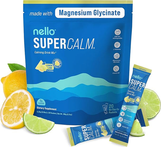 Supercalm Drink Mix - Ashwagandha KSM 66, Magnesium Glycinate & L-Theanine Supplement, Vitamin D3 - Ashwagandha Root Extract - Focus and Relaxation Support (20 Travel Packets) - Lemon Lime