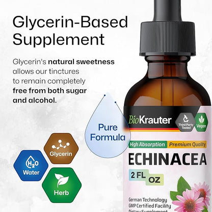 BIO KRAUTER Echinacea Tincture - Natural Immune Support - Echinacea Supplement - Vegan, Alcohol & Sugar Free Drops - 2 Fl.Oz.