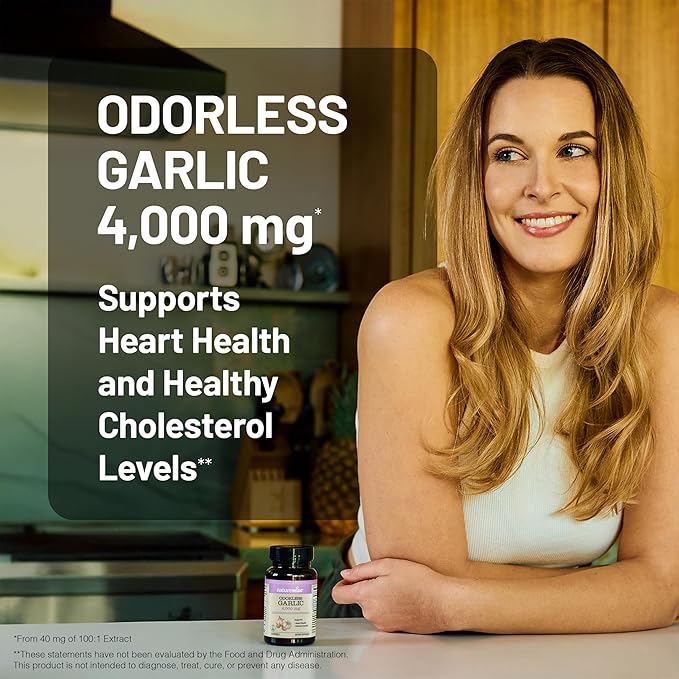 NatureWise Odorless Garlic Supplement 4000mg - Ultra Potent 100:1 Extract - Healthy Cholesterol Formula, Heart Health Support - Non-GMO, Gluten Free, with Halal Gelatin - 60 Count[30-Day Supply]