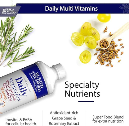 Buried Treasure Daily Nutrition Liquid Multivitamin and Mineral Supplement with Trace Minerals, Superfoods, Vitamin A, B-Complex, C, D, E, Methylfolate, Biotin, Magnesium, Zinc, Resveratrol, 32 serv