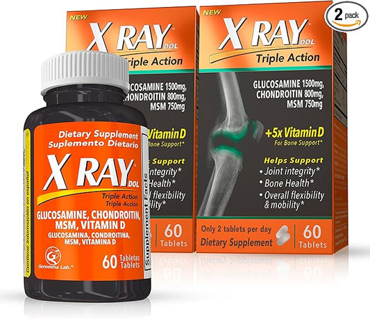 X Ray Dol Triple Action Joint Support Supplement with Glucosamine 1500mg, Chondroitin 800mg, MSM 750mg and 5X Vitamin D for Healthy Joints, Bones & Cartilage - 60 Count per Bottle - 2 Pack